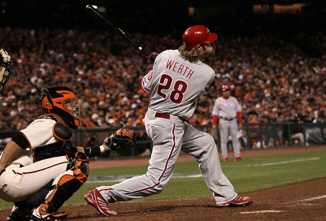 SAN FRANCISCO - OCTOBER 21:  Jayson Werth #28 of the Philadelphia Phillies hits a solo homerun off Ramon Ramirez #52 of the San Francisco Giants in the ninth inning of Game Five of the NLCS during the 2010 MLB Playoffs at AT&T Park on October 21, 2010 in San Francisco, California.  (Photo by Justin Sullivan/Getty Images)
