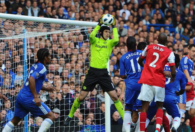 LONDON, ENGLAND - OCTOBER 03:  Peter Cech of Chelsea dominates his penalty area during the Barclays Premier League match between Chelsea and Arsenal at Stamford Bridge on October 3, 2010 in London, England.  (Photo by Mike Hewitt/Getty Images)
