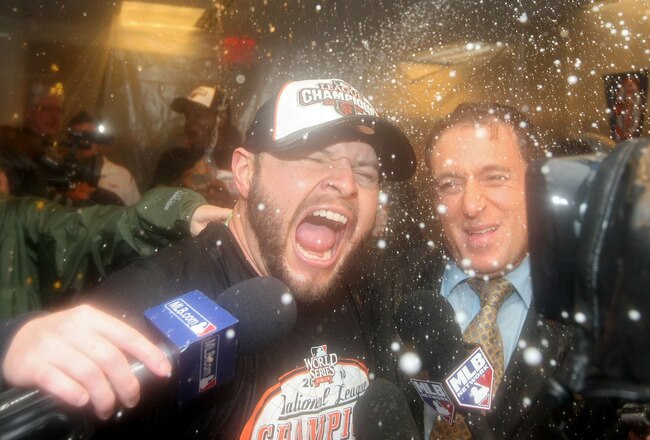 PHILADELPHIA - OCTOBER 23:  Cody Ross #13 of the San Francisco Giants celebrates after defeating the Philadelphia Phillies 3-2 and winning the pennant in Game Six of the NLCS during the 2010 MLB Playoffs at Citizens Bank Park on October 23, 2010 in Philadelphia, Pennsylvania.  (Photo by Al Bello/Getty Images)