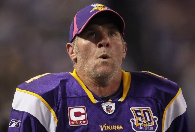 MINNEAPOLIS - OCTOBER 17:  Quarterback Brett Favre #4 of the Minnesota Vikings looks on during the game against the Dallas Cowboys at Mall of America Field on October 17, 2010 in Minneapolis, Minnesota. The Vikings defeated the Cowboys 24-21.  (Photo by Jeff Gross/Getty Images)