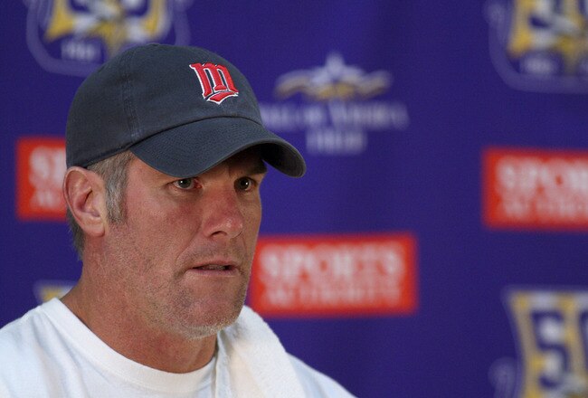 EDEN PRAIRIE, MN - OCTOBER 7:  Minnesota Vikings quarterback Brett Favre answers questions from the media during a press conference at Winter Park on October 7, 2010 in Eden Prairie, Minnesota.  (Photo by Adam Bettcher/Getty Images)