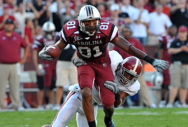 COLUMBIA, SC - OCTOBER 9: Wide receiver Tori Gurley #81 of the South Carolina Gamecocks stretches for a gain against the Alabama Crimson Tide October 9, 2010 at Williams-Brice Stadium in Columbia, South Carolina.  (Photo by Al Messerschmidt/Getty Images)