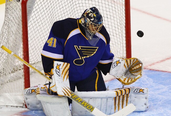 ST. LOUIS - SEPTEMBER 30: Jaroslav Halak #41 of the St. Louis Blues makes a save against the Chicago Blackhawks during a pre-season game at the Scottrade Center on September 30, 2010 in St. Louis, Missouri.  (Photo by Dilip Vishwanat/Getty Images)