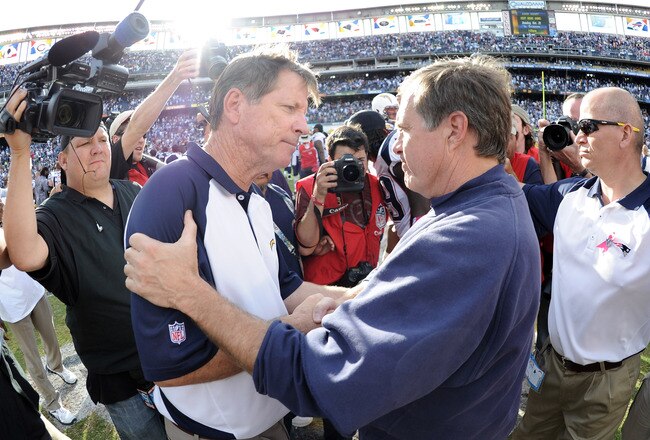 SAN DIEGO - OCTOBER 24:  Head Coaches Bill Belichick of the New England Patriots and Norv Turner of the San Diego Chargers greet each other at the end of the game after a 23-20 win by the Patriots at Qualcomm Stadium on October 24, 2010 in San Diego, California.  (Photo by Harry How/Getty Images)