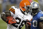 DETROIT - AUGUST 28:  James Davis #28  of the Cleveland Browns tries to get around the tackle of Isaiah Ekejiuba #50 of the Detroit Lions during a preseason game on August 28, 2010 at Ford Field in Detroit, Michigan.  (Photo by Gregory Shamus/Getty Images)