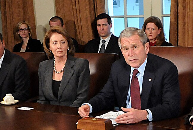 WASHINGTON - JANUARY 22:  (L to R) U.S. Rep. James Clyburn (D-SC), Rep. Roy Blunt (R-MI), U.S. Rep. Steny Hoyer (D-MD), U.S. Rep. John Boehner (R-OH), Speaker Nancy Pelosi (D-CA), U.S. President George W. Bush, U.S. Sen. Harry Reid (D-NV) and U.S. Sen. Mitch McConnell (R-KY) meet in the Cabinet Room of the White House January 22, 2008 in Washington, D.C.  Bush made a short statement saying he was confident Congress would pass a economic stimulus package. (Photo by Ron Sachs-Pool/Getty Images)