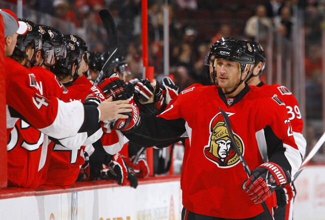 OTTAWA, ON - OCTOBER 26:  Alex Kovalev #27 of the Ottawa Senators celebrates a goal against the Phoenix Coyotes with his teammates on the bench during a game at Scotiabank Place on October 26, 2010 in Ottawa, Ontario, Canada.  (Photo by Phillip MacCallum/Getty Images)