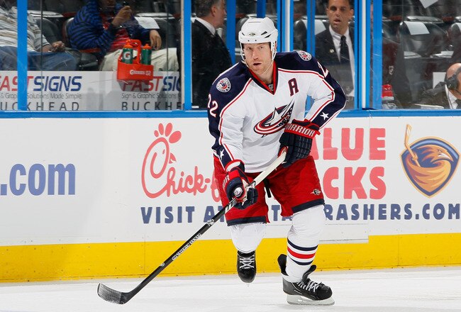 ATLANTA - SEPTEMBER 21:  Mike Commodore #22 of the Columbus Blue Jackets against the Atlanta Thrashers during the preseason opener at Phillips Arena on September 21, 2010 in Atlanta, Georgia.  (Photo by Kevin C. Cox/Getty Images)