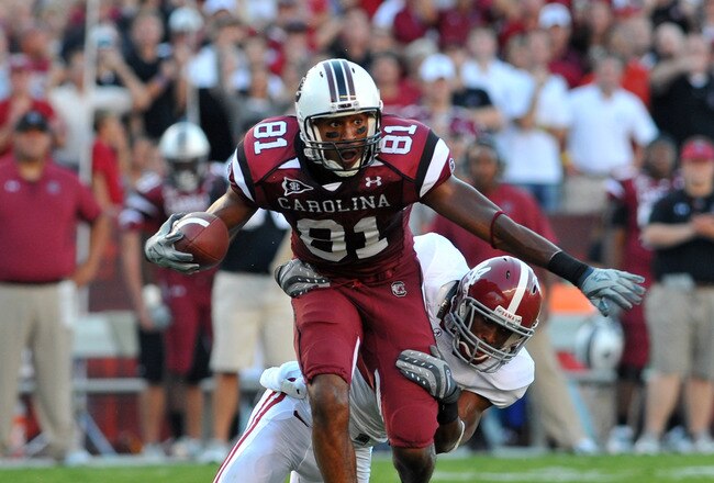 COLUMBIA, SC - OCTOBER 9: Wide receiver Tori Gurley #81 of the South Carolina Gamecocks stretches for a gain against the Alabama Crimson Tide October 9, 2010 at Williams-Brice Stadium in Columbia, South Carolina.  (Photo by Al Messerschmidt/Getty Images)