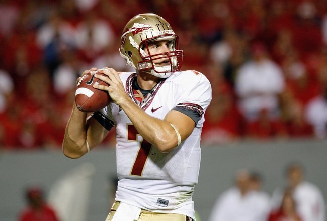 RALEIGH, NC - OCTOBER 16:  Christian Ponder #7 of the Florida State Seminoles drops back to pass during the game against the North Carolina State Wolfpack at Carter-Finley Stadium on October 16, 2008 in Raleigh, North Carolina.  (Photo by Kevin C. Cox/Getty Images)