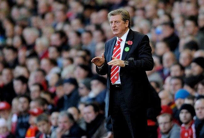LIVERPOOL, ENGLAND - OCTOBER 24:  Liverpool Manager Roy Hodgson gestures during the Barclays Premier League match between Liverpool and Blackburn Rovers at Anfield on October 24, 2010 in Liverpool, England.  (Photo by Michael Regan/Getty Images)