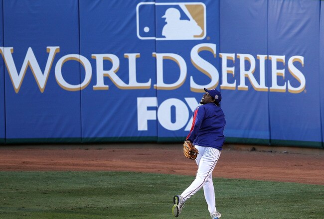 ARLINGTON, TX - OCTOBER 29:  Vladimir Guerrero #27 of the Texas Rangers fields during a team workout for the 2010 World Series at Rangers Ballpark in Arlington on October 29, 2010 in Arlington, Texas.  (Photo by Ronald Martinez/Getty Images)