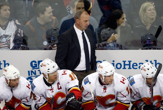 COLUMBUS, OH - OCTOBER 22:  Head Coach Brent Sutter of the Calgary Flames watches as his team takes on the Columbus Blue Jackets during the third period on October 22, 2010 at Nationwide Arena in Columbus, Ohio.  Calgary defeated Columbus 6-2. (Photo by John Grieshop/Getty Images)