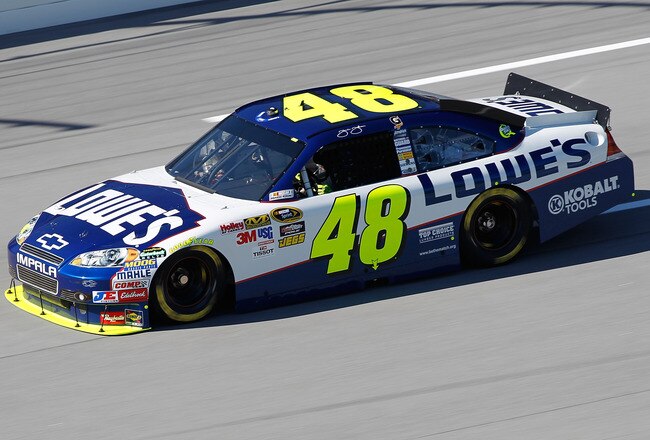 TALLADEGA, AL - OCTOBER 29:  Jimmie Johnson drives the #48 Lowe's Chevrolet during practice for the NASCAR Sprint Cup Series AMP Energy Juice 500 at Talladega Superspeedway on October 29, 2010 in Talladega, Alabama.  (Photo by Todd Warshaw/Getty Images)