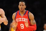 LOS ANGELES - FEBRUARY 26:  Andre Igoudala #9 of the Philadelphia 76ers reacts during a game against the Los Angeles Lakers at Staples Center on February 26, 2010 in Los Angeles, California. NOTE TO USER: User expressly acknowledges and agrees that, by downloading and/or using this Photograph, user is consenting to the terms and conditions of the Getty Images License Agreement. Mandatory Copyright Notice: Copyright 2010 NBAE (Photo by Noah Graham/NBAE via Getty Images)