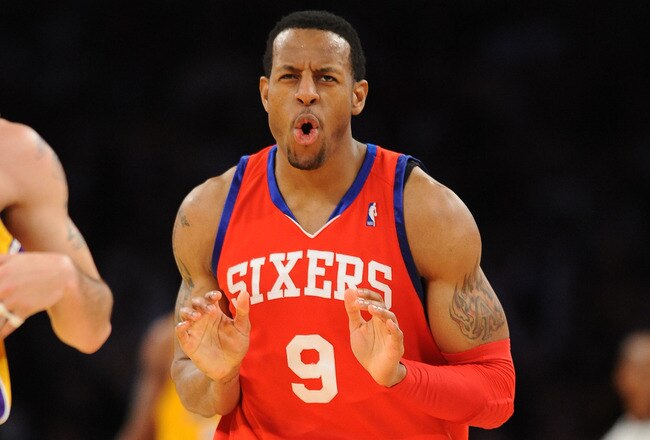 LOS ANGELES - FEBRUARY 26:  Andre Igoudala #9 of the Philadelphia 76ers reacts during a game against the Los Angeles Lakers at Staples Center on February 26, 2010 in Los Angeles, California. NOTE TO USER: User expressly acknowledges and agrees that, by downloading and/or using this Photograph, user is consenting to the terms and conditions of the Getty Images License Agreement. Mandatory Copyright Notice: Copyright 2010 NBAE (Photo by Noah Graham/NBAE via Getty Images)