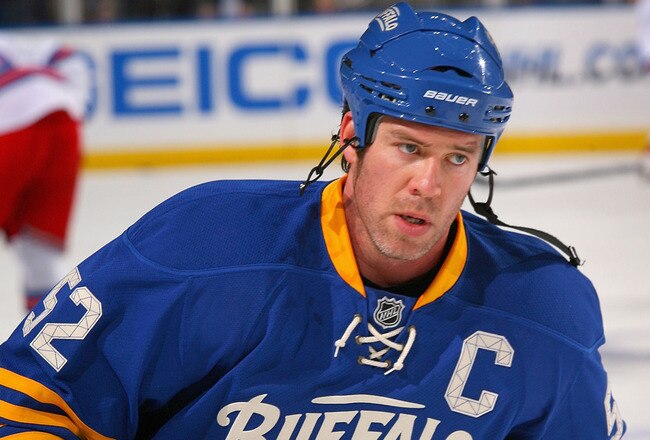BUFFALO, NY - OCTOBER 09: Craig Rivet #52 of the Buffalo Sabres skates during the warmup prior to playing the New York Rangers at HSBC Arena on October 9, 2010 in Buffalo, New York. New York won 6-3.  (Photo by Rick Stewart/Getty Images)