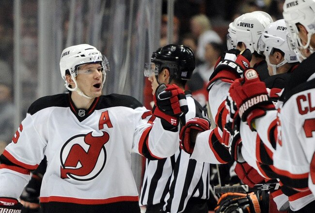 ANAHEIM, CA - OCTOBER 29:  Patrik Elias #26 of the New Jersey Devils celebrates his goal with the bench to take a 2-1 lead over the Anaheim Ducks during thr third periof at the Honda Center on October 29, 2010 in Anaheim, California.  (Photo by Harry How/Getty Images)