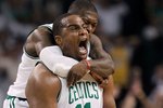 BOSTON - JUNE 10:  Glen Davis #11 and Nate Robinson #4 of the Boston Celtics react in the fourth quarter against the Los Angeles Lakers during Game Four of the 2010 NBA Finals on June 10, 2010 at TD Garden in Boston, Massachusetts. NOTE TO USER: User expressly acknowledges and agrees that, by downloading and/or using this Photograph, user is consenting to the terms and conditions of the Getty Images License Agreement.  (Photo by Ronald Martinez/Getty Images)
