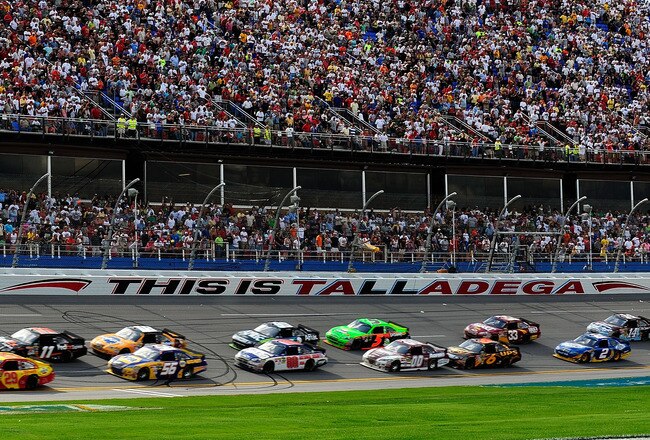 TALLADEGA, AL - APRIL 25:  Jamie McMurray, driver of the #1 Bass Pro Shops/Tracker Boats Chevrolet, leads the field to a restart in the NASCAR Sprint Cup Series Aaron's 499 at Talladega Superspeedway on April 25, 2010 in Talladega, Alabama.  (Photo by Rusty Jarrett/Getty Images for NASCAR)