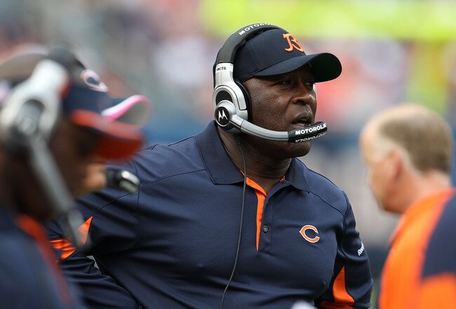 CHICAGO - OCTOBER 24: Head coach Lovie Smith of the Chicago Bears watches as his team takes on the Washington Redskins at Soldier Field on October 24, 2010 in Chicago, Illinois. The Redskins defeated the Bears 17-14. (Photo by Jonathan Daniel/Getty Images)