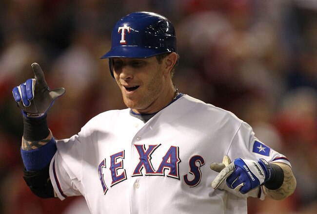 ARLINGTON, TX - OCTOBER 30:  Josh Hamilton #32 of the Texas Rangers reacts after he hit a solo home run in the bottom of the fifth inning against the San Francisco Giants in Game Three of the 2010 MLB World Series at Rangers Ballpark in Arlington on October 30, 2010 in Arlington, Texas.  (Photo by Ronald Martinez/Getty Images)