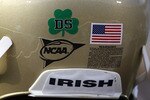 SOUTH BEND, IN - OCTOBER 30: A player for the Notre Dame Fighting Irish wears a decal on his helmut honoring Declan Sullivan, a student who was killed while videotaping a Notre Dame practice in high winds this past week, before a game against the Tulsa Golden Hurricane at Notre Dame Stadium on October 30, 2010 in South Bend, Indiana. (Photo by Jonathan Daniel/Getty Images)