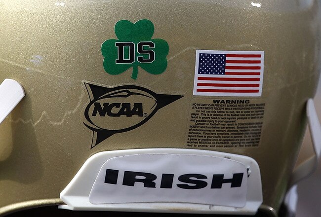 SOUTH BEND, IN - OCTOBER 30: A player for the Notre Dame Fighting Irish wears a decal on his helmut honoring Declan Sullivan, a student who was killed while videotaping a Notre Dame practice in high winds this past week, before a game against the Tulsa Golden Hurricane at Notre Dame Stadium on October 30, 2010 in South Bend, Indiana. (Photo by Jonathan Daniel/Getty Images)
