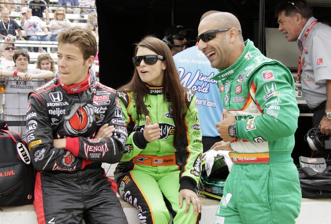INDIANAPOLIS - MAY 15:  Marco Andretti (L), Danica Patrick and Tony Kanaan (R) all of Andretti Autosport have a few laughs prior to taking the track during opening day at the Indianapolis Motor Speedway on May 15, 2010 in Indianapolis, Indiana.   (Photo by Ron Hoskins/Getty Images)