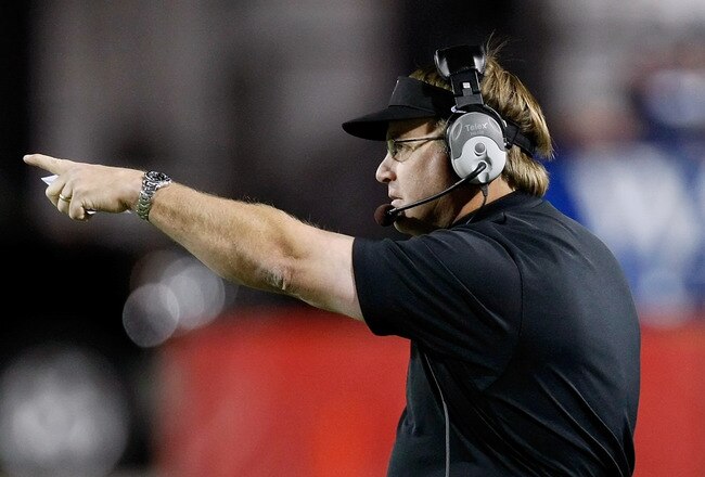 LAS VEGAS - OCTOBER 30:  Texas Christian University Horned Frogs head coach Gary Patterson gestures to his players as they take on the UNLV Rebels at Sam Boyd Stadium October 30, 2010 in Las Vegas, Nevada. TCU won 48-6.  (Photo by Ethan Miller/Getty Images)