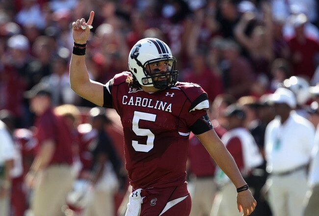 COLUMBIA, SC - OCTOBER 30:  Stephen Garcia #5 of the South Carolina Gamecocks celebrates after throwing a touchdown pass against the Tennessee Volunteers during their game at Williams-Brice Stadium on October 30, 2010 in Columbia, South Carolina.  (Photo by Streeter Lecka/Getty Images)