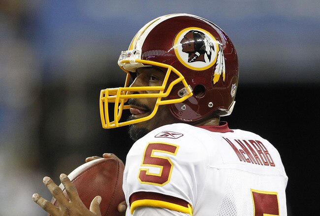DETROIT - OCTOBER 31: Donovan McNabb #5 of the Washigton Redkins warms up prior to the start of the game against the Detroit Lions at Ford Field on October 31, 2010 in Detroit, Michigan. (Photo by Leon Halip/Getty Images)