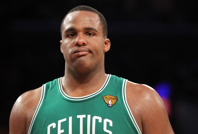 LOS ANGELES, CA - JUNE 15:  Glen Davis #11 of the Boston Celtics reacts in the second half while taking on the Los Angeles Lakers in Game Six of the 2010 NBA Finals at Staples Center on June 15, 2010 in Los Angeles, California.  NOTE TO USER: User expressly acknowledges and agrees that, by downloading and/or using this Photograph, user is consenting to the terms and conditions of the Getty Images License Agreement.  (Photo by Ronald Martinez/Getty Images)