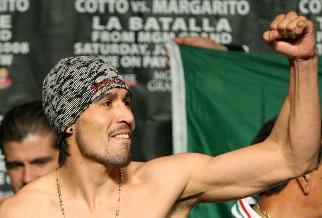 LAS VEGAS - JULY 25:  Antonio Margarito of Mexico poses during the official weigh-in for his fight against Miguel Cotto of Puerto Rico at the MGM Grand Garden Arena July 25, 2008 in Las Vegas, Nevada. Margarito will fight for Cotto's WBA welterweight title on July 26.  (Photo by Ethan Miller/Getty Images)