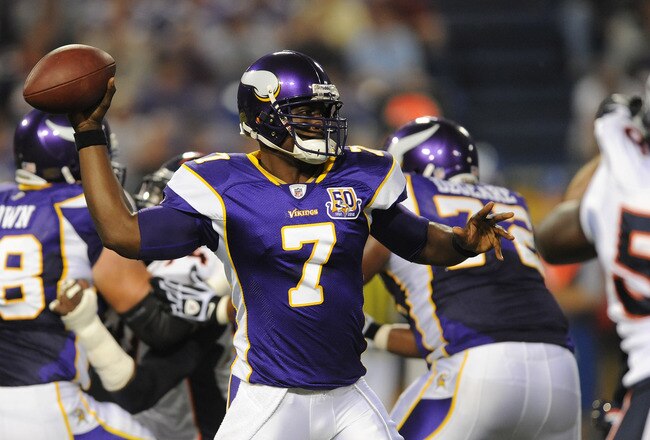 MINNEAPOLIS - SEPTEMBER 2:  Tarvaris Jackson #7 of the Minnesota Vikings passes the ball during an NFL preseason game against the Denver Broncos at the Mall of America Field at Hubert H. Humphrey Metrodome, on September 2, 2010 in Minneapolis, Minnesota.  (Photo by Tom Dahlin/Getty Images)