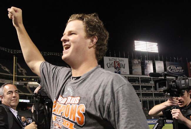 ARLINGTON, TX - NOVEMBER 01:  Matt Cain of the San Francisco Giants celebrates on the field after they won 3-1 against the Texas Rangers in Game Five of the 2010 MLB World Series at Rangers Ballpark in Arlington on November 1, 2010 in Arlington, Texas.  (Photo by Ronald Martinez/Getty Images)