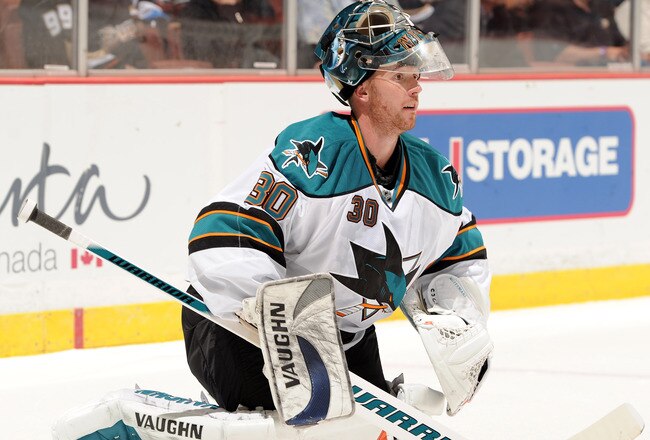 ANAHEIM, CA - SEPTEMBER 22:  Antero Niittymaki #30 of the San Jose Sharks stretches during a break against the Anaheim Ducks at Honda Center on September 22, 2010 in Anaheim, California.  (Photo by Harry How/Getty Images)
