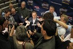 CLEVELAND - OCTOBER 27:  Majority owner Dan Gilbert of the Cleveland Cavaliers talks to the media prior to playing the Boston Celtics in the Cavaliers 2010 home opner at Quicken Loans Arena on October 27, 2010 in Cleveland, Ohio.  NOTE TO USER: User expressly acknowledges and agrees that, by downloading and/or using this Photograph, user is consenting to the terms and conditions of the Getty Images License Agreement. Mandatory Copyright Notice: Copyright 2010 NBAE (Photo by Gregory Shamus/Getty Images)