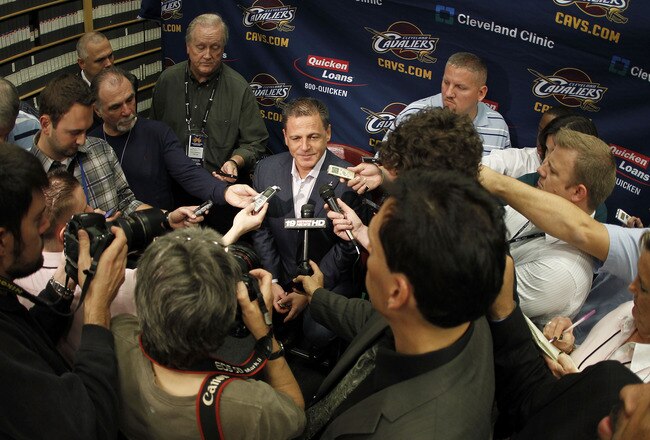 CLEVELAND - OCTOBER 27:  Majority owner Dan Gilbert of the Cleveland Cavaliers talks to the media prior to playing the Boston Celtics in the Cavaliers 2010 home opner at Quicken Loans Arena on October 27, 2010 in Cleveland, Ohio.  NOTE TO USER: User expressly acknowledges and agrees that, by downloading and/or using this Photograph, user is consenting to the terms and conditions of the Getty Images License Agreement. Mandatory Copyright Notice: Copyright 2010 NBAE (Photo by Gregory Shamus/Getty Images)