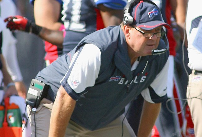ORCHARD PARK, NY - OCTOBER 10: Chan Gailey, head coach of the Buffalo Bills stands on the sidelines against the Jacksonville Jaguars at Ralph Wilson Stadium on October 10, 2010 in Orchard Park, New York. Jacksonville won 36-26. (Photo by Rick Stewart/Getty Images)