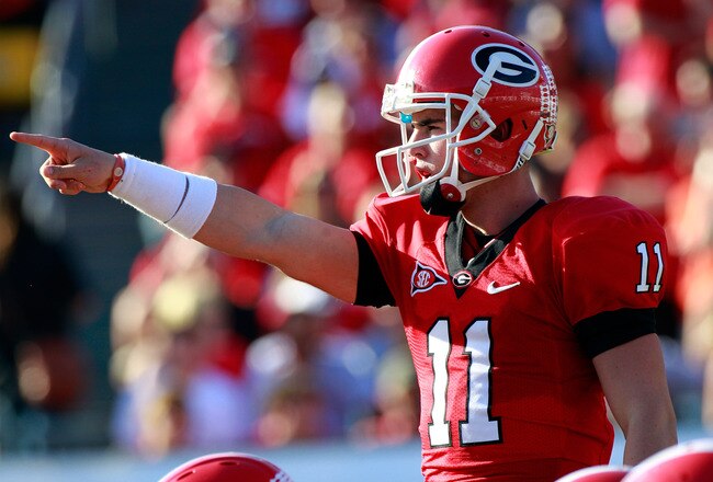 JACKSONVILLE, FL - OCTOBER 30:  Quarterback Aaron Murray #11 of the Georgia Bulldogs points during the game against the Florida Gators at EverBank Field on October 30, 2010 in Jacksonville, Florida.  (Photo by Sam Greenwood/Getty Images)