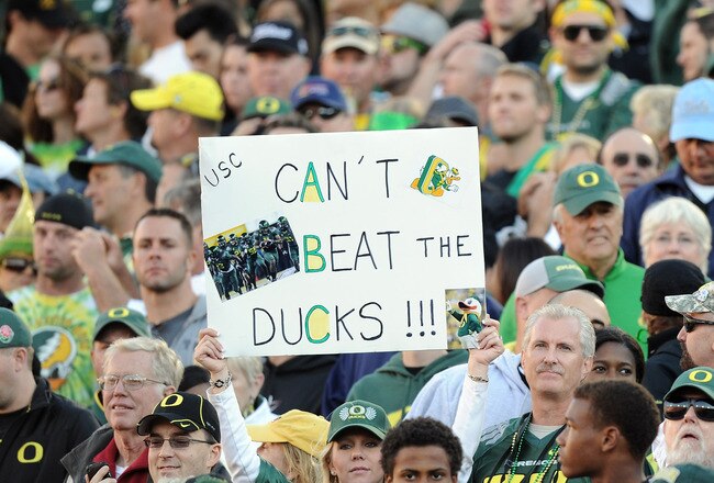 LOS ANGELES, CA - OCTOBER 30:  Oregon Ducks fans during the game against the USC Trojans at Los Angeles Memorial Coliseum on October 30, 2010 in Los Angeles, California.  (Photo by Harry How/Getty Images)