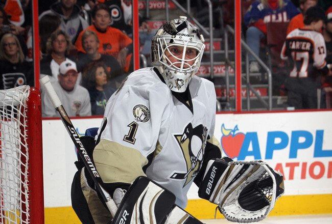 PHILADELPHIA - OCTOBER 16:  Brent Johnson #1 of the Pittsburgh Penguins tends net against the Philadelphia Flyers at the Wells Fargo Center on October 16, 2010 in Philadelphia, Pennsylvania.  (Photo by Bruce Bennett/Getty Images)