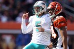 CINCINNATI - OCTOBER 31:  Dan Carpenter #5 of the Miami Dolphins celebrates on of his five field goals during the NFL game against the Cincinnati Bengals at Paul Brown Stadium on October 31, 2010 in Cincinnati, Ohio.  (Photo by Andy Lyons/Getty Images)