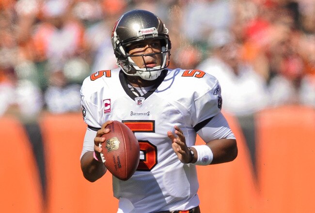 CINCINNATI, OH - OCTOBER 10: Quarterback Josh Freeman #5 of the Tampa Bay Buccaneers rolls out against the Cincinnati Bengals at Paul Brown Stadium on October 10, 2010 in Cincinnati, Ohio. (Photo by Jamie Sabau/Getty Images)