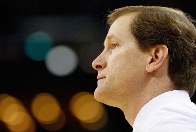NEW ORLEANS - MARCH 16:  Head coach Dana Altman of the Creighton Bluejays looks on from the sidelines during first half against the Nevada Wolf Pack in round one of the NCAA Men's Basketball Tournament at the New Orleans Arena on March 16, 2007 in New Orleans, Louisiana.  (Photo by Chris Graythen/Getty Images)