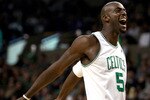 BOSTON - NOVEMBER 26: Kevin Garnett #5 of the Boston Celtics goes through his pregame ritual of screaming before the tipoff against the Golden State Warriors on November 26,2008 at TD Banknorth Garden in Boston, Massachusetts. NOTE TO USER: User expressly acknowledges and agrees that, by downloading and or using this Photograph, user is consenting to the terms and conditions of the Getty Images License Agreement. (Photo by Elsa/Getty Images)