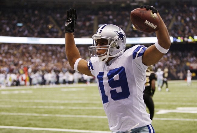NEW ORLEANS - DECEMBER 19:  Miles Austin #19 of the Dallas Cowboys reacts after his 49-yard touchdown in the first quarter against the New Orleans Saints at the Louisiana Superdome on December 19, 2009 in New Orleans, Louisiana.  (Photo by Chris Graythen/Getty Images)