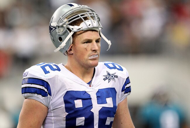 ARLINGTON, TX - OCTOBER 31:  Jaosn Witten #82 of the Dallas Cowboys looks on against the Jacksonville Jaguars at Cowboys Stadium on October 31, 2010 in Arlington, Texas.  (Photo by Ronald Martinez/Getty Images)