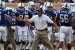 DURHAM, NC - SEPTEMBER 25:  Head coach David Cutcliffe of the Duke Blue Devils cheers on his team the Army Black Knights at Wallace Wade Stadium on September 25, 2010 in Durham, North Carolina.  (Photo by Streeter Lecka/Getty Images)